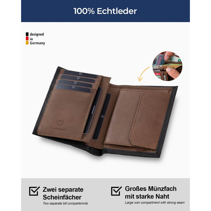 iClassy High-Quality Wallet - Handmade Genuine Leather Wallet, Double-Stitched Portemonnaie (Card Holder) with Coin Pocket and Space for 13 Cards + 1 See-Through Pocket - Gift | (Black/Brown)