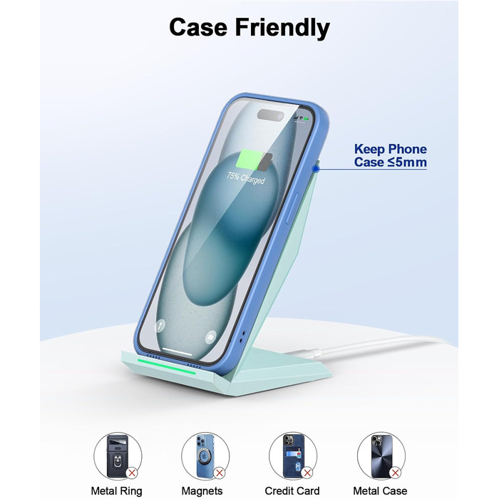 Бездротовий зарядний пристрій NANAMI Qi з адаптером USB-C 20W PD (блакитний) для iPhone 17/16/15/14/13/12 Pro Max XR 8 та Samsung Galaxy S25/S24/S23/S22