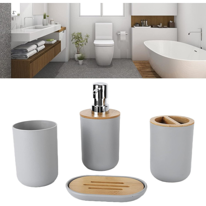 Набір аксесуарів для ванної кімнати на 4 предмети: тримач для зубних щіток, мильниця, дозатор для лосьйону, стакан для ополіскувача, сучасне оздоблення для дому та готелю (сірий)