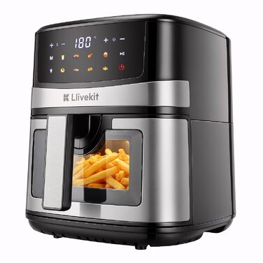 Аерофритюрниця LLIVEKIT 7л з оглядовим вікном, 8-в-1, чорно-срібна. Економія олії 95% та енергії 70%. З функцією підігріву.