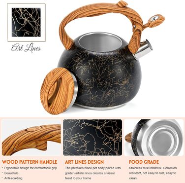 Чайник для плити GGC 3.1 л / 3 л з дерев'яною ручкою, з функцією кипіння, колір: сірий/чорний градієнт, нержавіюча сталь, для дому (Black Art Line)