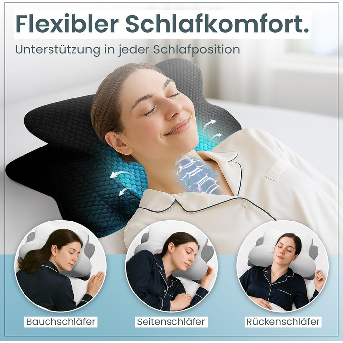 Ортопедична подушка для шиї при болях у шиї з високоякісної піни з пам'яті - Ергономічна подушка для шиї - Подушка для сну на боці, спині та животі - Праний чохол при 40°C (61 x 40 x12, Сірий)