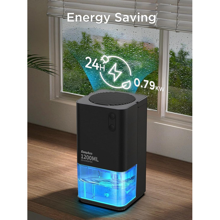 EasyAcc Електричний осушувач повітря 1200 мл, компактний, тихий, портативний, з автовимкненням та режимом сну. Ідеально для дому та офісу (чорний)