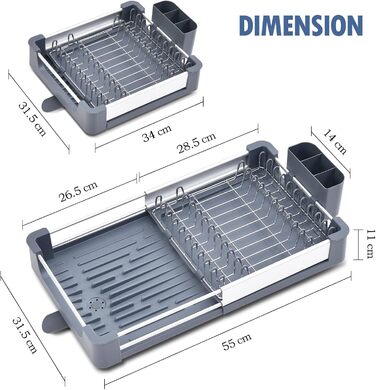 Стійка для посуду KINGRACK: розширювана, з нержавіючої сталі, з підставкою для столових приборів, антиковзаюча, сірого кольору