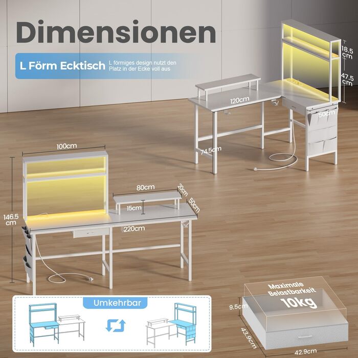 Ігровий стіл кутовий 150x100 см з 3 розетками та 2 USB, зворотний, з LED підсвічуванням, з ящиками та підставкою для монітора. Білий кутовий ігровий комп'ютерний стіл 170x100 см.