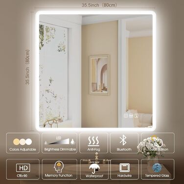 Дзеркало для ванної кімнати Starlead з підсвічуванням 100x70 см, Bluetooth, антизапітніння, регулювання яскравості, 3 кольори світла, функція пам'яті, IP44, LED, горизонтальне/вертикальне, HD скло, Madrid Silver (Bluetooth)