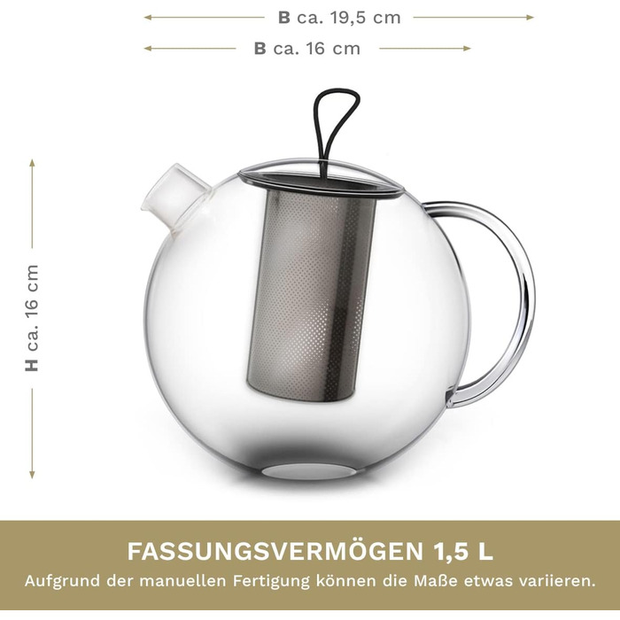 Скляна чайник Creano 1,2л з підставкою, 3-х секційна з нержавіючою сталею та ситечком, для листового чаю, без протікання (1500 мл)