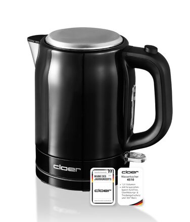 Електричний чайник Cloer 4511 з нержавіючої сталі, 2200 Вт, індикатор рівня води, захист від сухого кипіння та перегріву, 1 літр, чорний