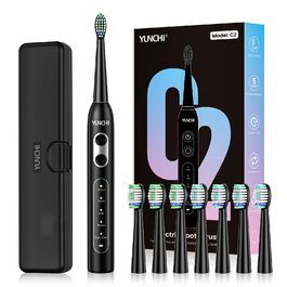 Електрична зубна щітка YUNCHI C2 з 40000 VPM, звукова щітка для дорослих, зарядка USB-C, 55 днів роботи від акумулятора, 5 режимів чищення, таймер 2 хвилини, 8 насадок, дорожній футляр, чорна YUNCHI C2