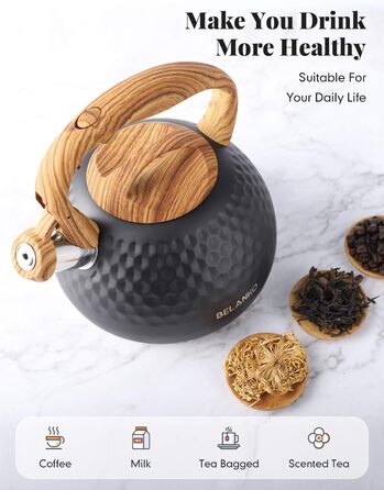 Чайник BELANKO Teekessel 2.7л з свистком, з дерев'яною ручкою, з нержавіючої сталі, чорний матовий, для плити, індукції, діамантовим дизайном