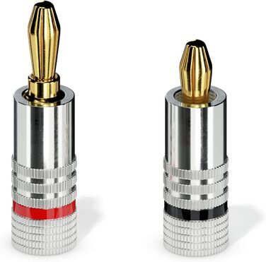 Бананові конектори Sonero® для акустичних кабелів до 6 мм², 4 шт. з кольоровим кодуванням (12x червоний, 12x чорний), 24K позолота (8 шт., High-End, Single)
