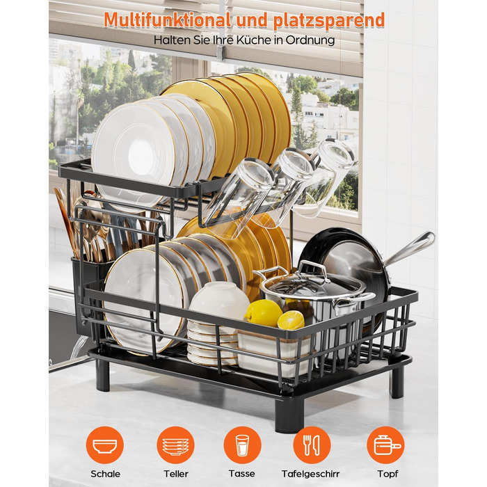 LIONONLY Dish Drainer Rack, Small 2-Tier Dish Rack with Drip Bowl, Stainless Steel Dish Drainer with Utensil Holder, Drink Holder and Swivel Spout, Dish Drying Rack Kitchen