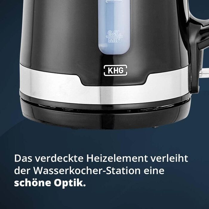 Електричний чайник KHG WK-1708 WE2 з нержавіючої сталі, 1.7 л, фільтр від накипу, індикатор рівня води, захист від сухого кип'яття, автоматичне відключення, прихований нагрівальний елемент, BPA Free, 2200 Вт (Чорний)