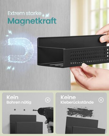 SONGMICS Магнітна полиця для спецій, 4 шт. (2 великі, 2 маленькі), без свердління, для кухні, холодильника, мікрохвильової печі, пральної машини, чорний, сталь