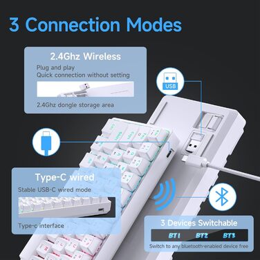 Ігрова клавіатура TMKB T63 з механічними синіми вимикачами, Bluetooth/2.4G/з кабелем