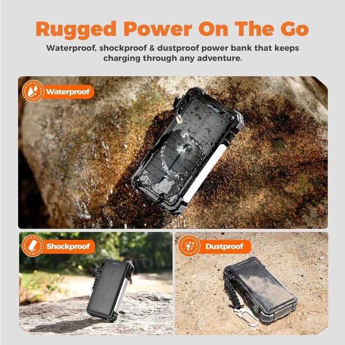 Сонячний павербанк BLAVOR 20000mAh з підтримкою швидкої зарядки 20W, USB-C, бездротовим заряджанням для Apple Watch, ліхтариком та карабіном, чорний