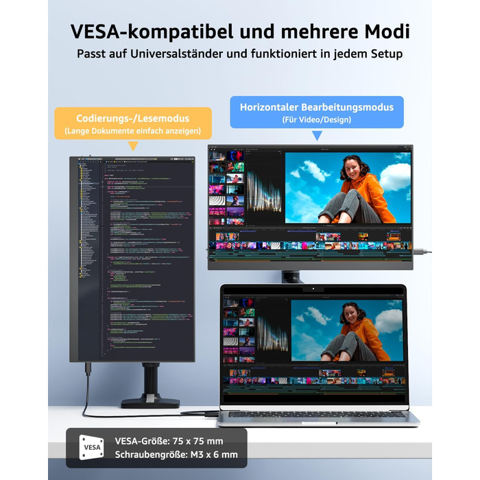 Портативний монітор Yodoit 15.6 дюймів: IPS дисплей FHD 1920x1080, USB-C та HDMI, вбудовані динаміки, захист зору для ПК, ноутбука, Xbox, PS3/4/5, Switch та TV. Чорний колір