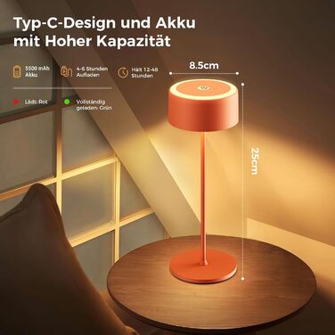 Бездротова LED-лампа TYEE на акумуляторі, диммування, тепле світло 2200-3000K, USB-C, водонепроникна IP54, алюміній, 2 шт. (Помаранчевий)