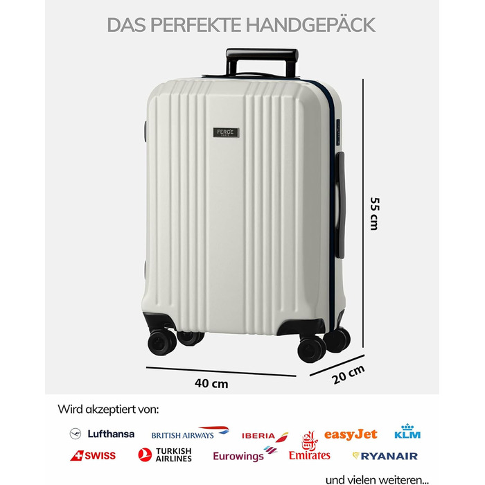 Набір валіз FERGÉ 3 шт. з жорстким корпусом та TSA-замком. Валізи-тролії (Handgepäck, L, XL). Жорсткий корпус, 4 колеса, полікарбонат, колір: Ivory-matt