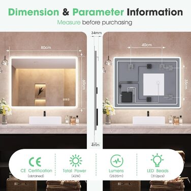 Дзеркало для ванної кімнати S'bagno з підсвічуванням 80x60 см, Bluetooth, протитуманне покриття, 3 кольори, регулювання яскравості, пам'ять налаштувань, загартоване скло, водонепроникність IP44, горизонтальне/вертикальне встановлення M66 (Bluetooth)