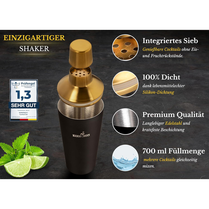 Barmingo Stainless Steel Cocktail Set - 11 Piece Bar Set with Shaker, Stand & Accessories | Cocktail Shaker Set | Bartender Set | Black & Gold