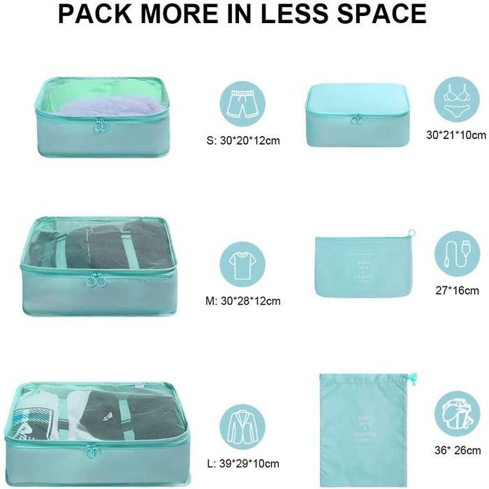 Органайзер для валізи OSDUE, набір 6 шт., Packing Cubes, водонепроникні сумки для одягу, туристичний органайзер, рожевий та блакитний кольори