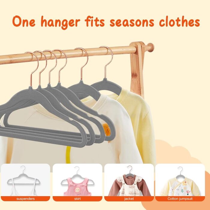 32 шт. велюрові вішалки для дитячого одягу Stormix, 28 см, сірі, з антиковзким покриттям та гачками рожевого золота