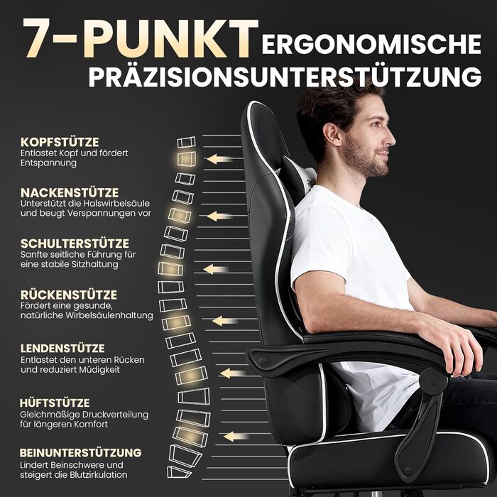 Геймерське крісло Gaming Stuhl з підставкою для ніг, регульованою спинкою та підтримкою попереку, чорне, до 200 кг