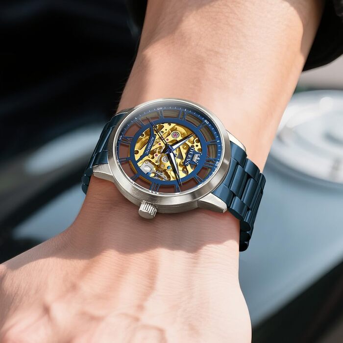 Чоловічий механічний годинник OLEVS з автопідзаводом Tourbillon, люксовий водонепроникний годинник зі сталевим ремінцем та підсвічуванням (синій циферблат та ремінець, 6728)
