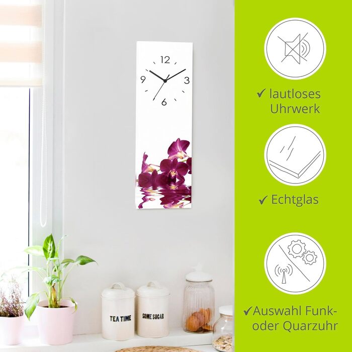 ARTLAND Wall Decor Wall Clock without Ticking Sounds, Glass, 20x60 cm, Rectangular, Silent, Natural Design, Zen, Spa, Stones, Asian, Modern, T6CD (Purple Orchid, Radio Clock)