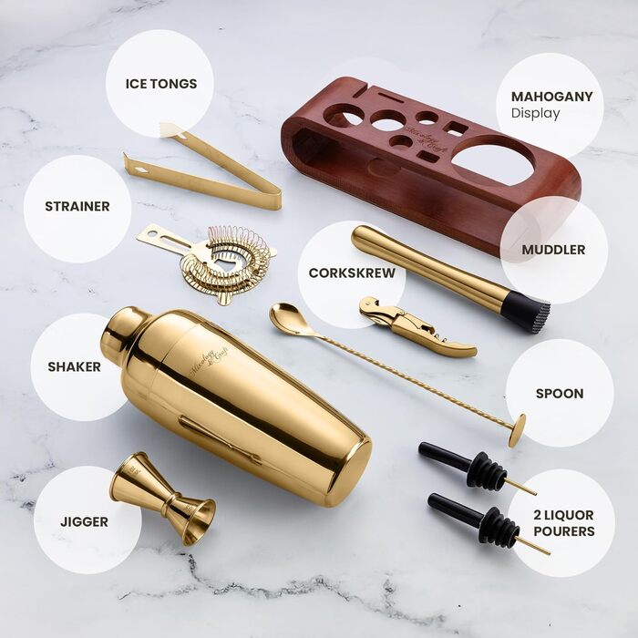 Набір для коктейлів Edles (10 предметів) - шейкер з нержавіючої сталі, дерев'яний стенд з махагоні, аксесуари для бармена. Подарунковий набір золотого та темно-бамбукового кольору
