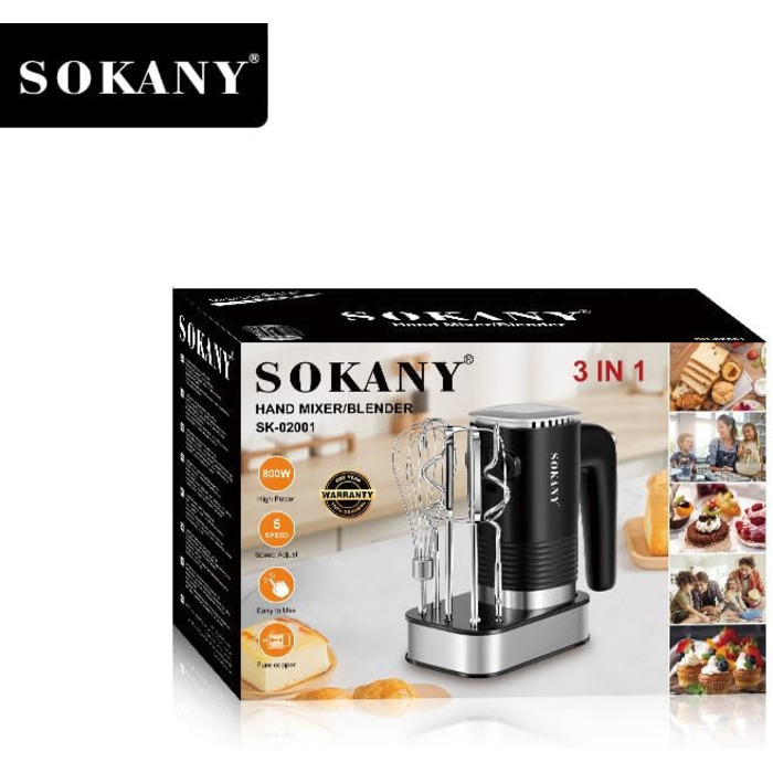 Міксер SOKANY 800W з нержавіючої сталі, 5 швидкостей, 3-в-1 (з гаками для тіста та вінчиками), Sk-02001