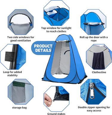 OUUTMEE Pop-Up Shower Tent - Portable Changing Room for Beach, Outdoor UV Protection - Camping Shower Tent for Hiking, Beach, Camping, Picnics, Fishing - 150x150x190cm Blue