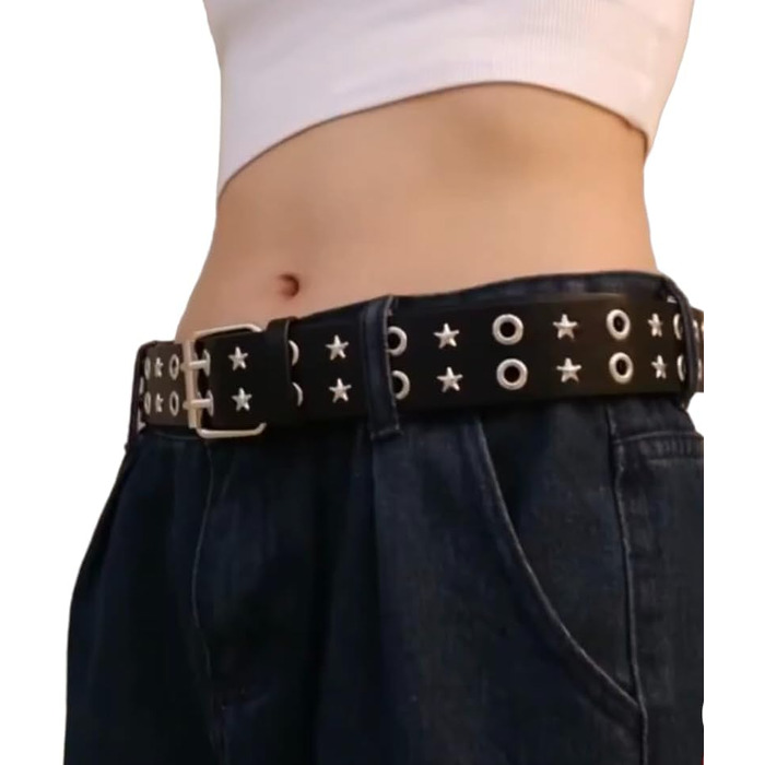 Жіночий шкіряний ремінь Punk з пряжкою, зірочками та дворядною конструкцією (чорний)