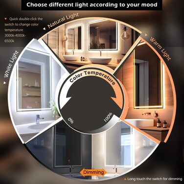 LED дзеркало для ванної кімнати KWW 80x100 см з підсвічуванням, протитуманне, регульоване освітлення, настінне, з сенсорною кнопкою