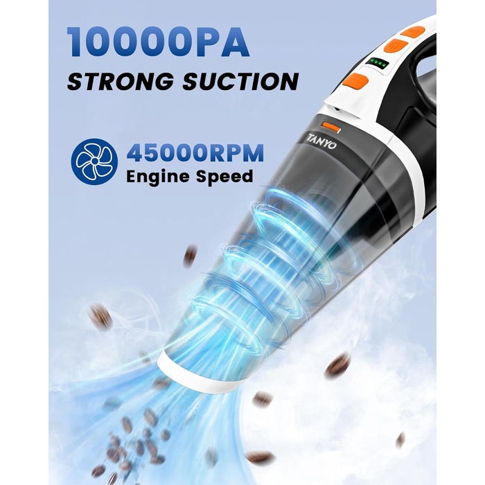 TANYO Ручний пилосос акумуляторний бездротовий 10000Pa з LED, для авто, дому, шерсті тварин, з миючим HEPA-фільтром, біло-помаранчевий