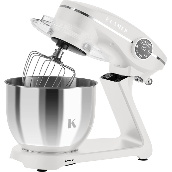 KLAMER 1800W Stand Mixer - Stainless Steel Bowl 6L, 10 Speed Settings, Timer, Planetary Mixing, Dough Hook, Whisk & Beater - White