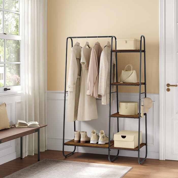 Clothes Rack, Stable Wardrobe, Clothes Rail with 5 Shelves, 6 Hooks, Black Metal Coat Rack, Freestanding Coat Stand