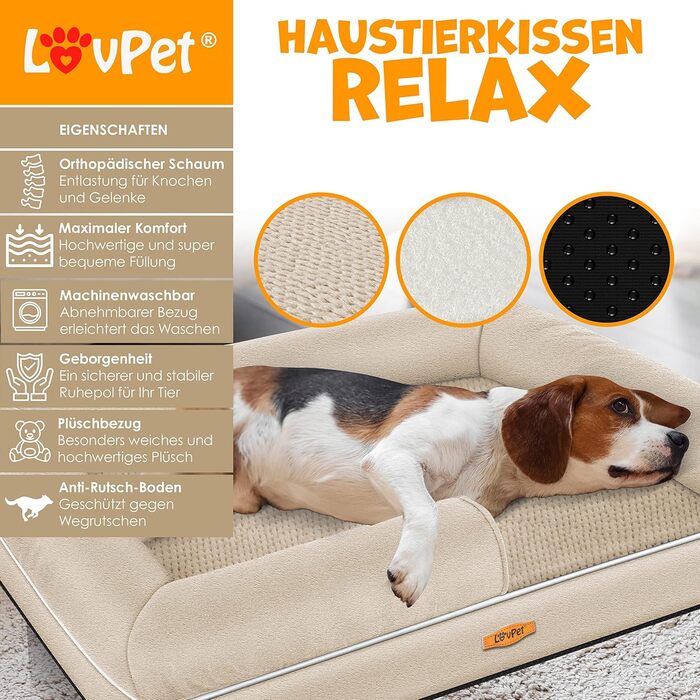 Orthopedic Dog Bed, Dog Cushion, Dog Basket, Relax, Incl. Bowl + 3x Chew Bones, Dog Sofa for Small, Medium & Large Dogs, Removable and Washable Cover, 91x71x22cm (XL (120 x 85 x 25 cm), Beige)