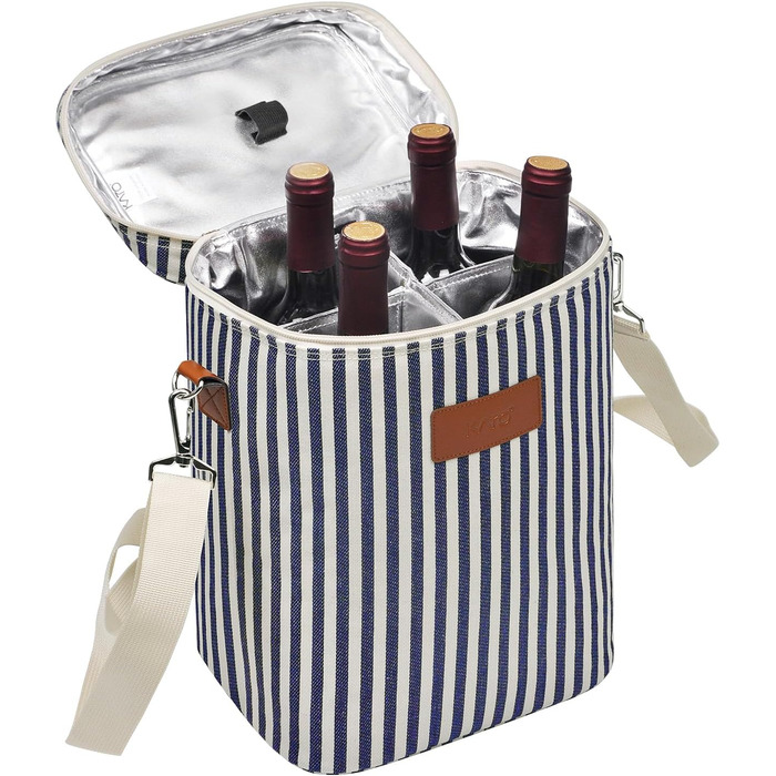 Kato Tirrinia Insulated Wine Cooler Bag, 4 Bottle Cooler Bag Wine Bag Beverage Bags with Handle and Adjustable Shoulder Strap, Gift for Wine Lovers for Picnic, Party, Beach (Cooler Bag 4 Bottles - Stripes)