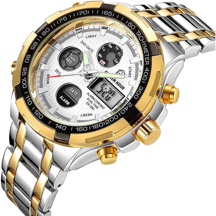 Чоловічий годинник-хронограф з нержавіючої сталі, водонепроникний, з датою та будильником, аналогово-цифровий дисплей (золотий колір)