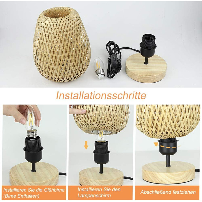Сучасна LED лампа Depuley на стіл, бамбук та дерево, круглі, з абажуром з ротангу, 60 Вт, патрон E27, нічник, лампа для читання в спальню, дитячу кімнату, з лампочкою (Ellipse)