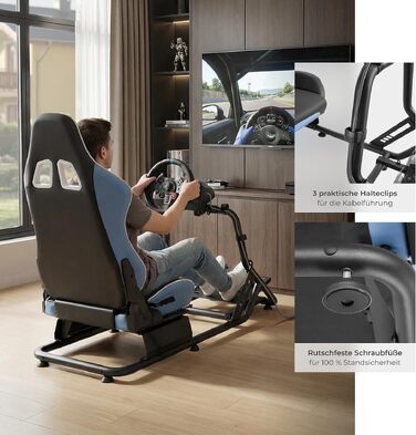 Ігровий симулятор Sim Racing Cockpit tectake® для Fanatec, Logitech, Thrustmaster, регульоване гоночне крісло GT-Style, сталевий каркас, до 120 кг (Чорний/Лазурний)