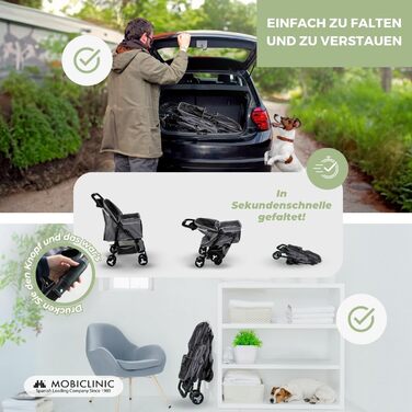 Mobiclinic® Pet Folding Dog Cart - 15kg Capacity, Small Dogs, Zuma Wheels with Brakes, XXL Storage Basket, 3 Zipper Windows & Mosquito Net, Cup Holder, Grey