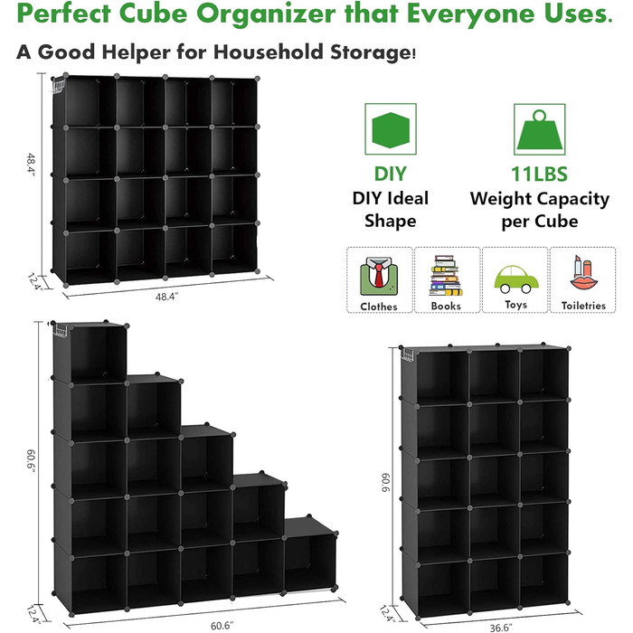 C&AHOME Cube Storage Shelves, 16-Cube Unit, Cabinet, DIY Plastic Modular Shelving, Ideal for Bedroom, Living Room, Office, 122 cm L x 31 cm W x 122 cm H, UPCS16M (Black)