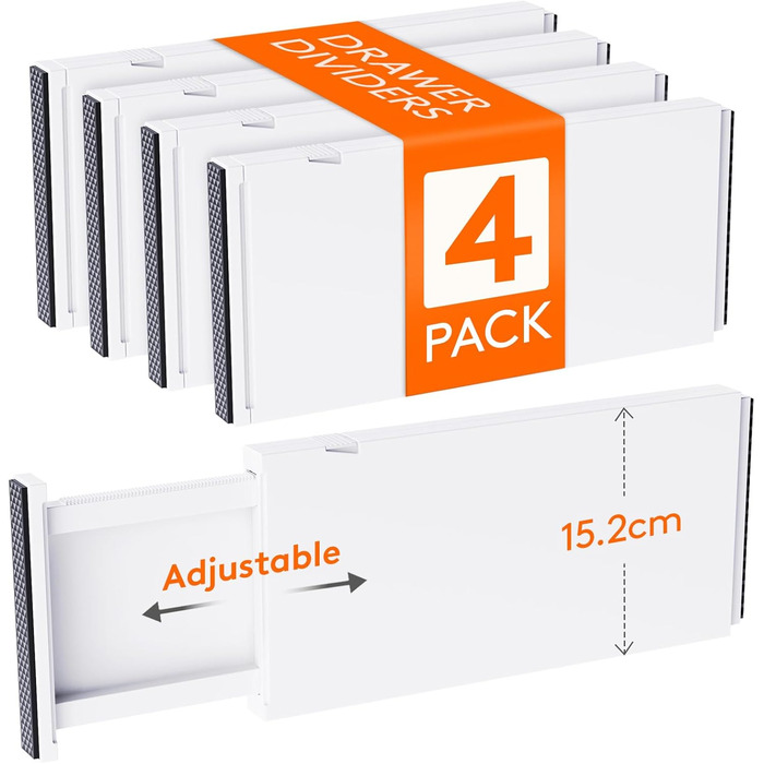 Lifewit Drawer Dividers Set, Plastic, for Internal Length 27–40cm & Height >10.5cm Drawers, Adjustable Organizer System for Closet/Bedroom/Dresser/Kitchen/Office, White (4, for Internal Length 34–50cm & Height ≥15.5cm)