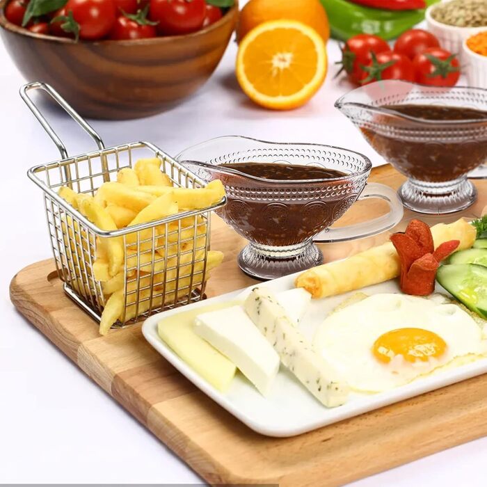 Kingrol 2-Piece 9.5 oz Sauce Dishes for Serving Sauces, Salad Dressings, Syrup, Coffee, Milk, Glass Pitchers with Embossed Vintage Design