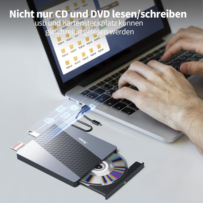 Зовнішній USB 3.0 CD/DVD-записувач Alxum з картридером SD/TF та додатковим USB-портом, Plug & Play для Windows, Linux, Mac OS, T039A