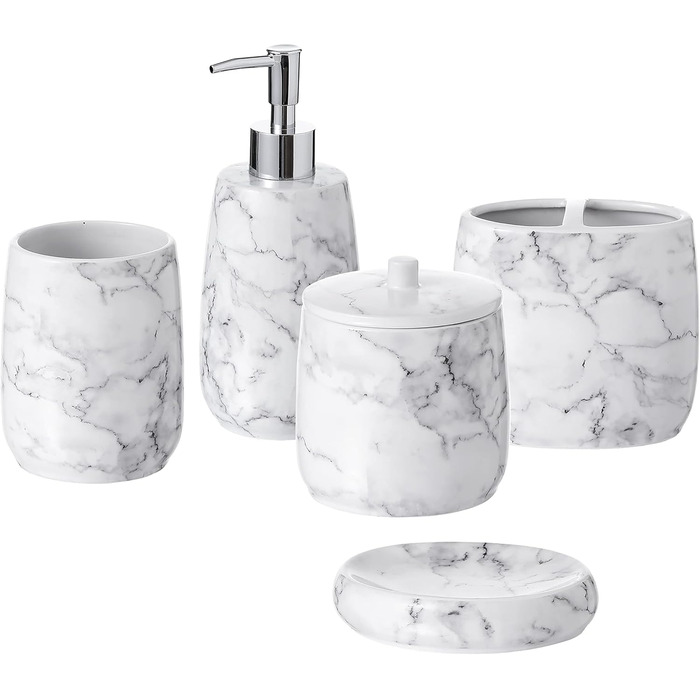 Motifeur Badaccessoires Set, 5-Piece Ceramic Bathroom Accessories Set with Lotion Dispenser/Soap Pump, Cotton Swab Holder, Soap Dish, Cup, and Toothbrush Holder (Marble Look)