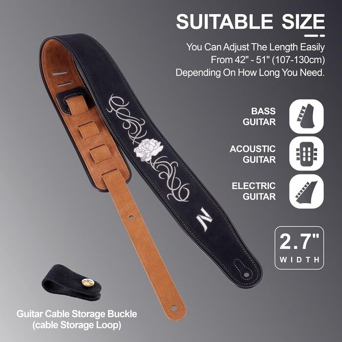 Гітарний ремінь Nefelibata з вишивкою троянд, 2.7', подвійний, з баварської шкіри, з пінополіуретановим наповнювачем, для акустичної, бас та електрогітари